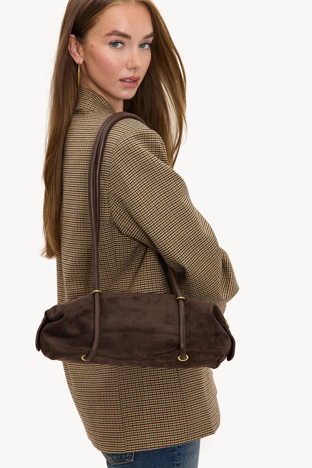Brown suede-look bag with gold details