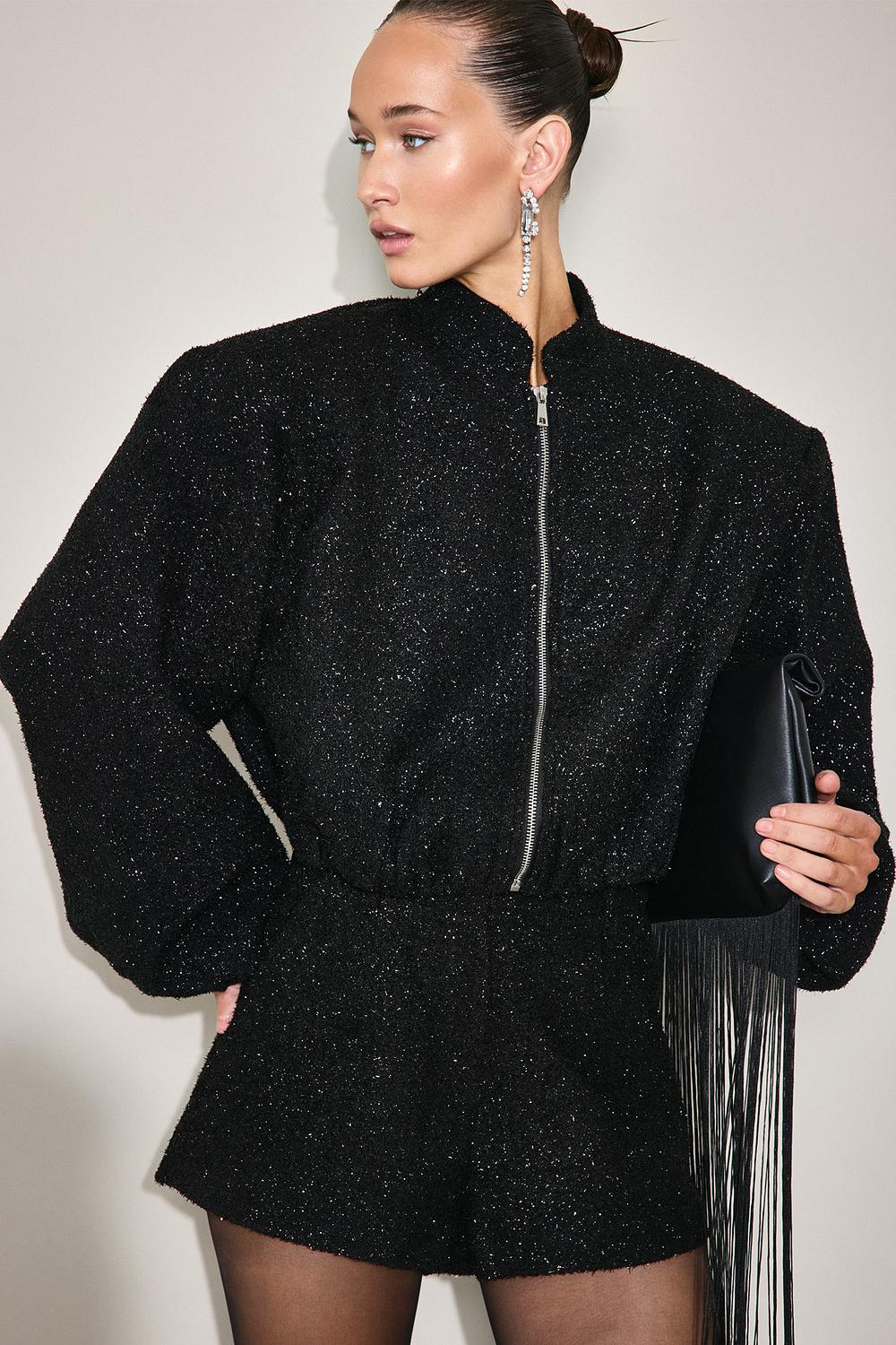 Black bomber jacket with silver lurex thread