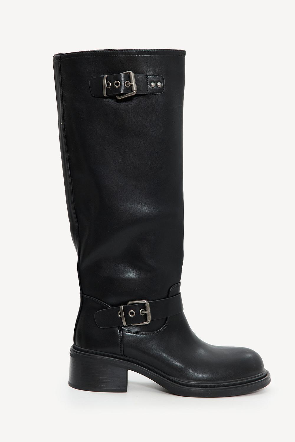 Black heeled boots with silver detailing