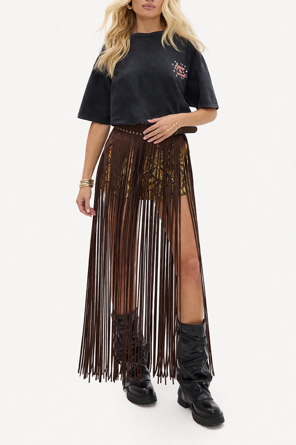 Brown suede-look belt with fringes and studs