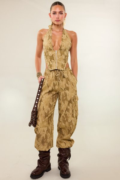 Green cargo trousers with camo print | Loavies