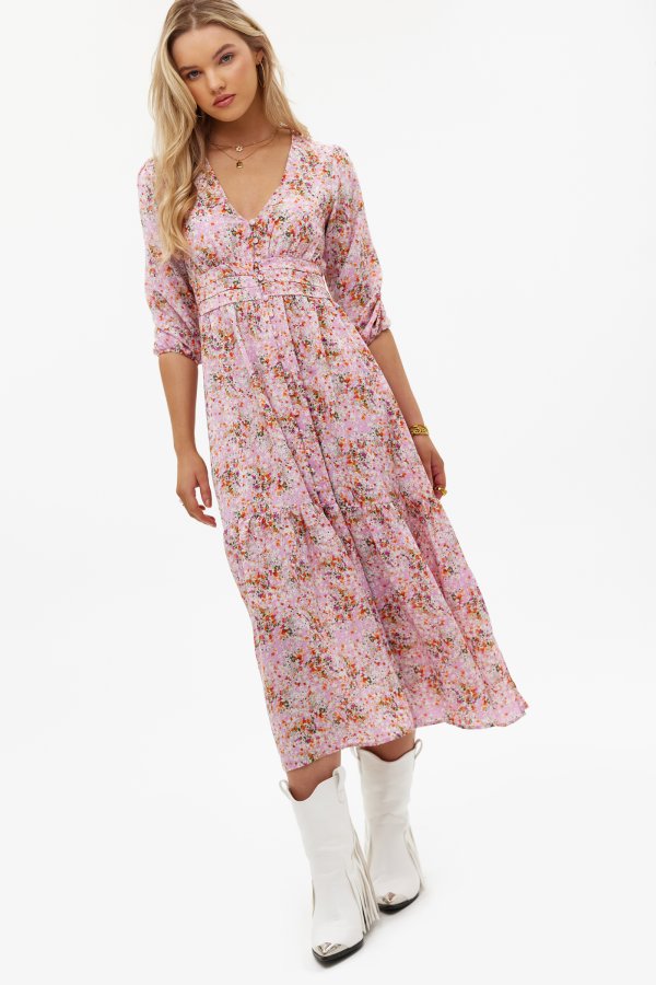 Mode Jurken Maxi-jurken ipekzade Maxi-jurk roze-wolwit bloemenprint casual uitstraling 