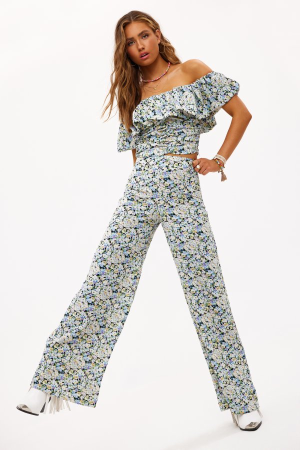Loavies yellow floral print wide leg 