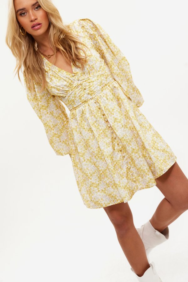 Yellow dress with floral print | Loavies