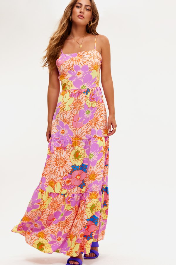 Pink maxi dress with floral print | Loavies
