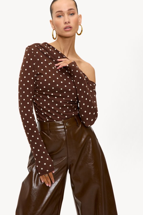 Dark brown off-shoulder top with polka dots | Loavies