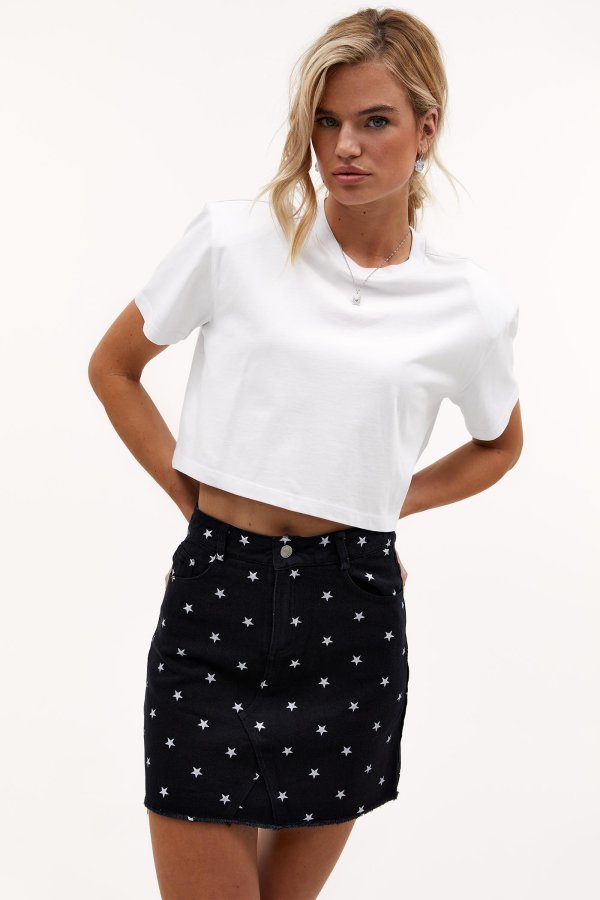 White denim skirt black polka dots Clearance